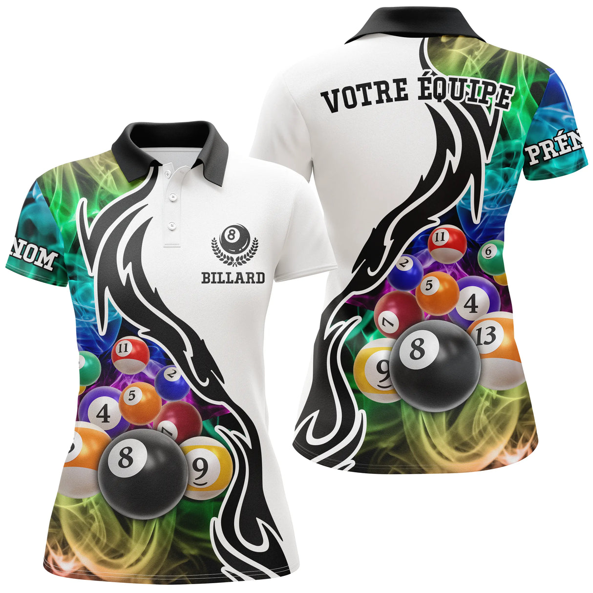 Polo billard blanc noir femme avec billes jeu de la 9 sur table verte et fumée multicolore, prénom personnalisé
