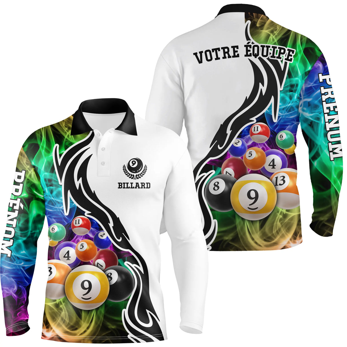 Polo billard manches longues unisexe blanc noir avec triangle 8 boules et fumée colorée, prénom personnalisé