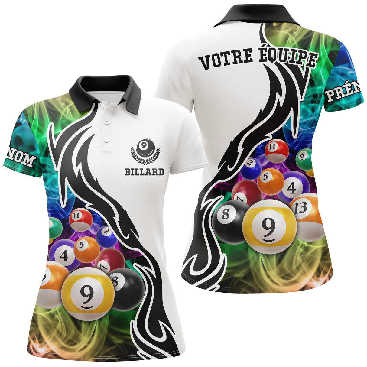 Polo billard blanc noir femme avec billes jeu de la 8 sur table verte et fumée multicolore, prénom personnalisé