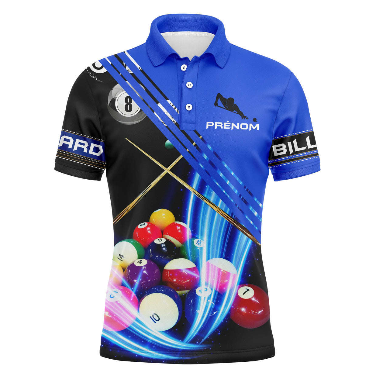 Polo billard bleu turquoise femme avec queues croisées et billes multicolores, prénom personnalisé