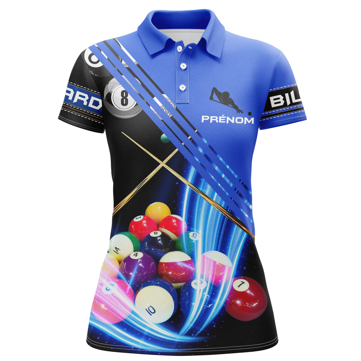 Polo billard turquoise variante avec queues de billard et boule numéro 8, prénom personnalisé
