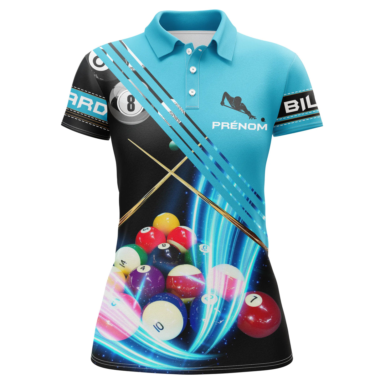 Polo billard manches longues unisexe turquoise avec queues et triangle boules, prénom personnalisé