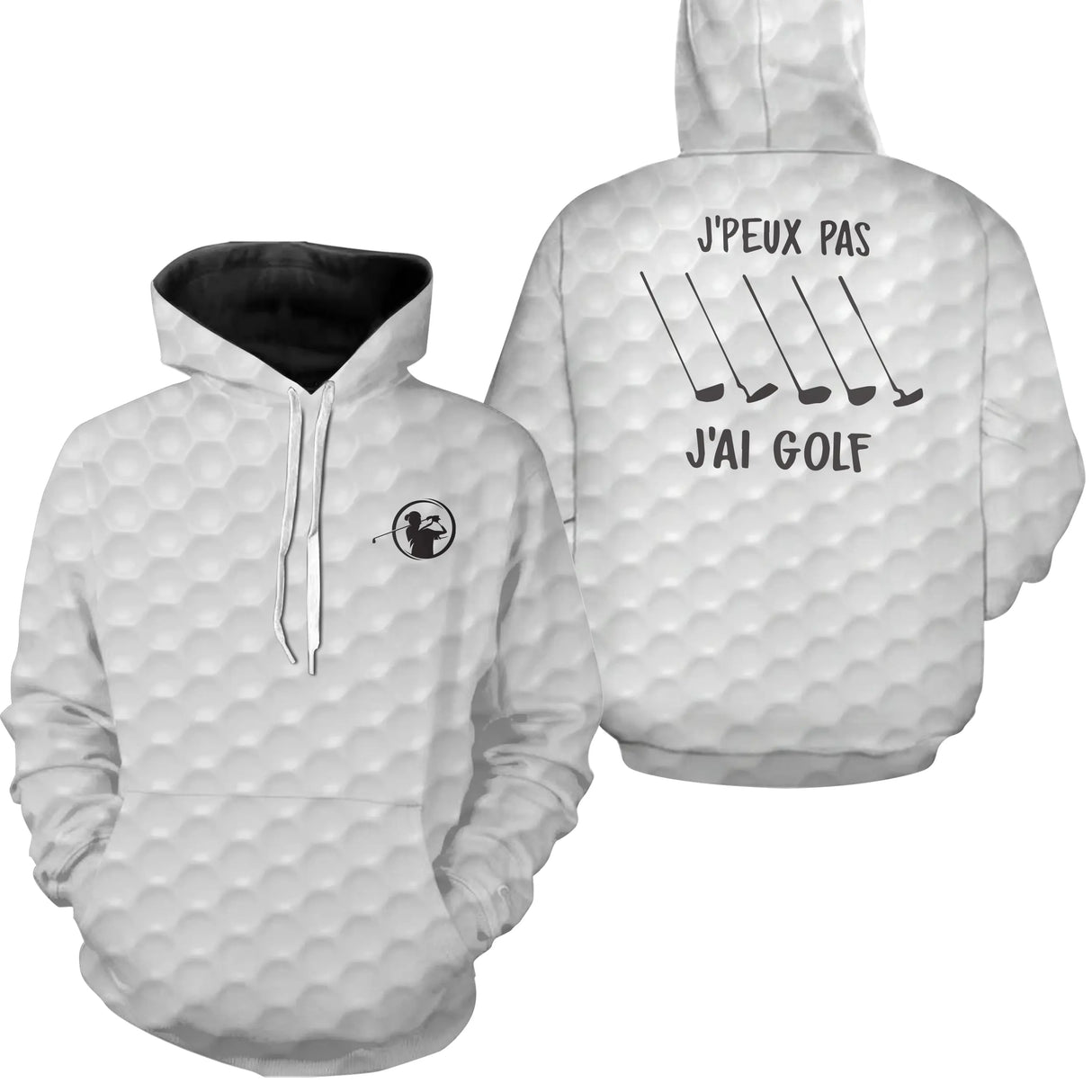 Sweat à capuche golf blanc avec design J'Peux Pas J'ai Golf et cinq clubs balles texture balle