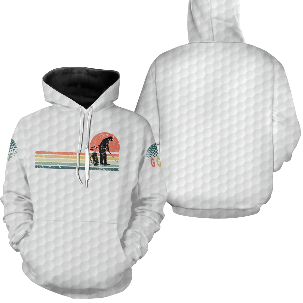 Sweat à capuche golf vintage blanc avec design golfeur silhouette soleil orange et médaillon brodé