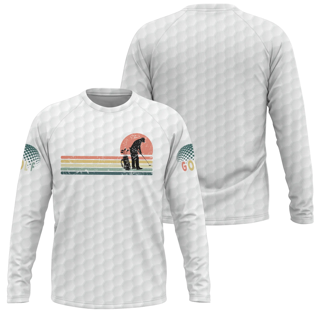 T-shirt manches longues golf vintage blanc avec design rétro golfeur et soleil dégradé multicolore