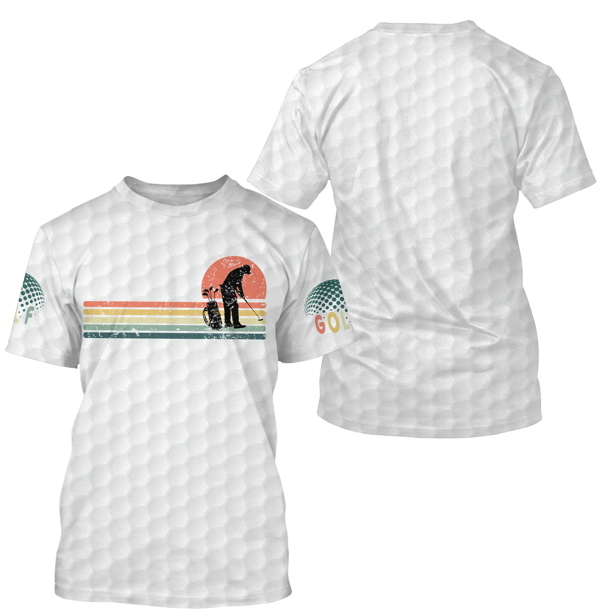 T-shirt golf vintage blanc avec design golfeur silhouette soleil orange dégradé et inscription GOLF