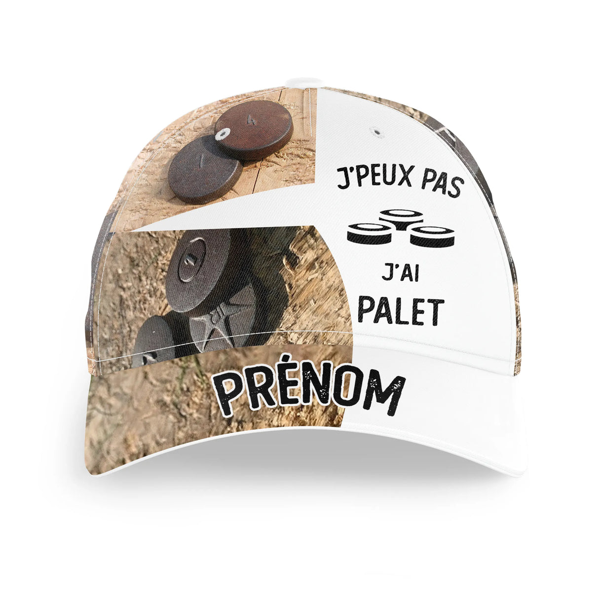 Casquette palet humoristique camo bois sous-bois avec inscription J'Peux Pas J'ai Palet et palets