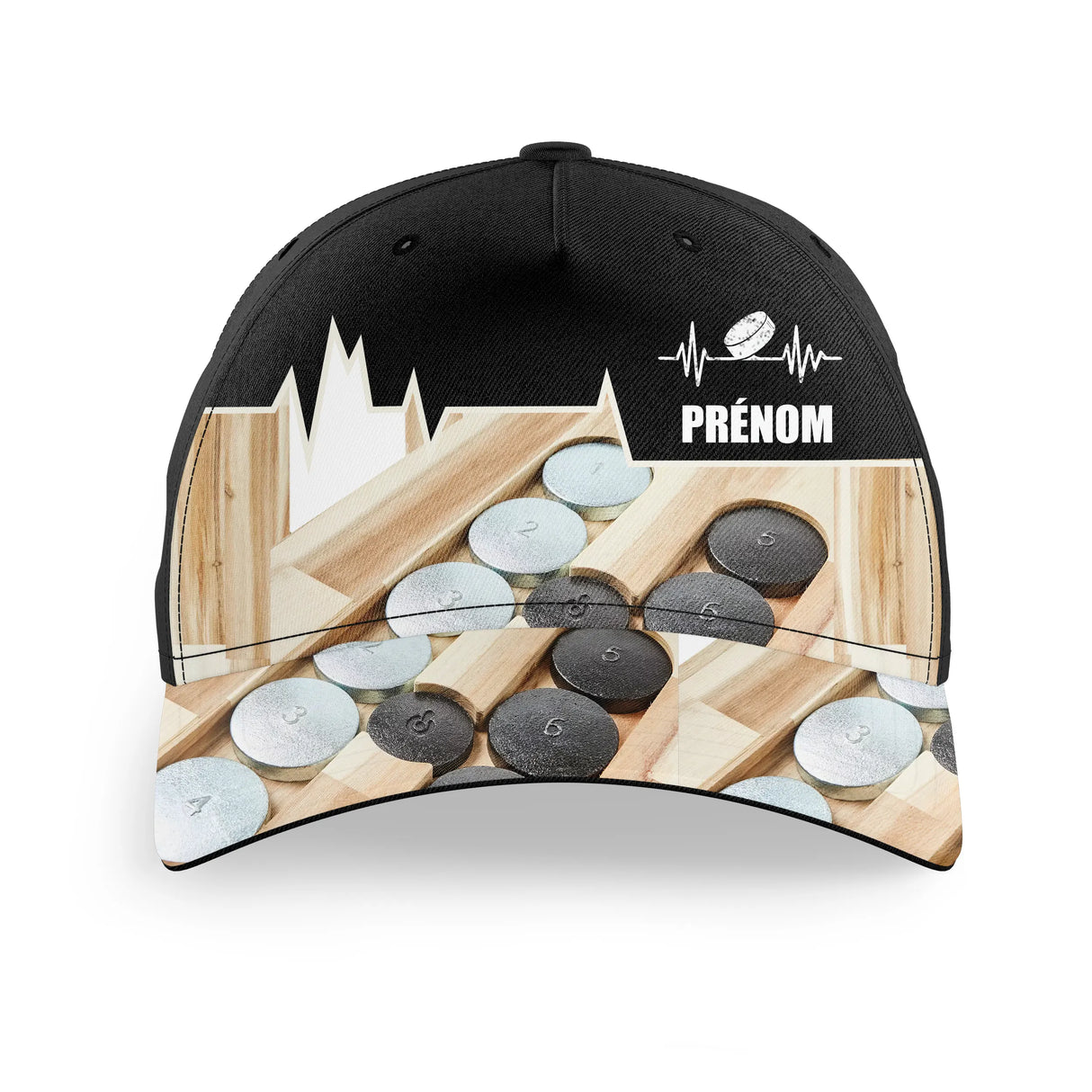 Casquette pétanque style motif terrain boulodrome avec boules bois métal et personnalisation prénom