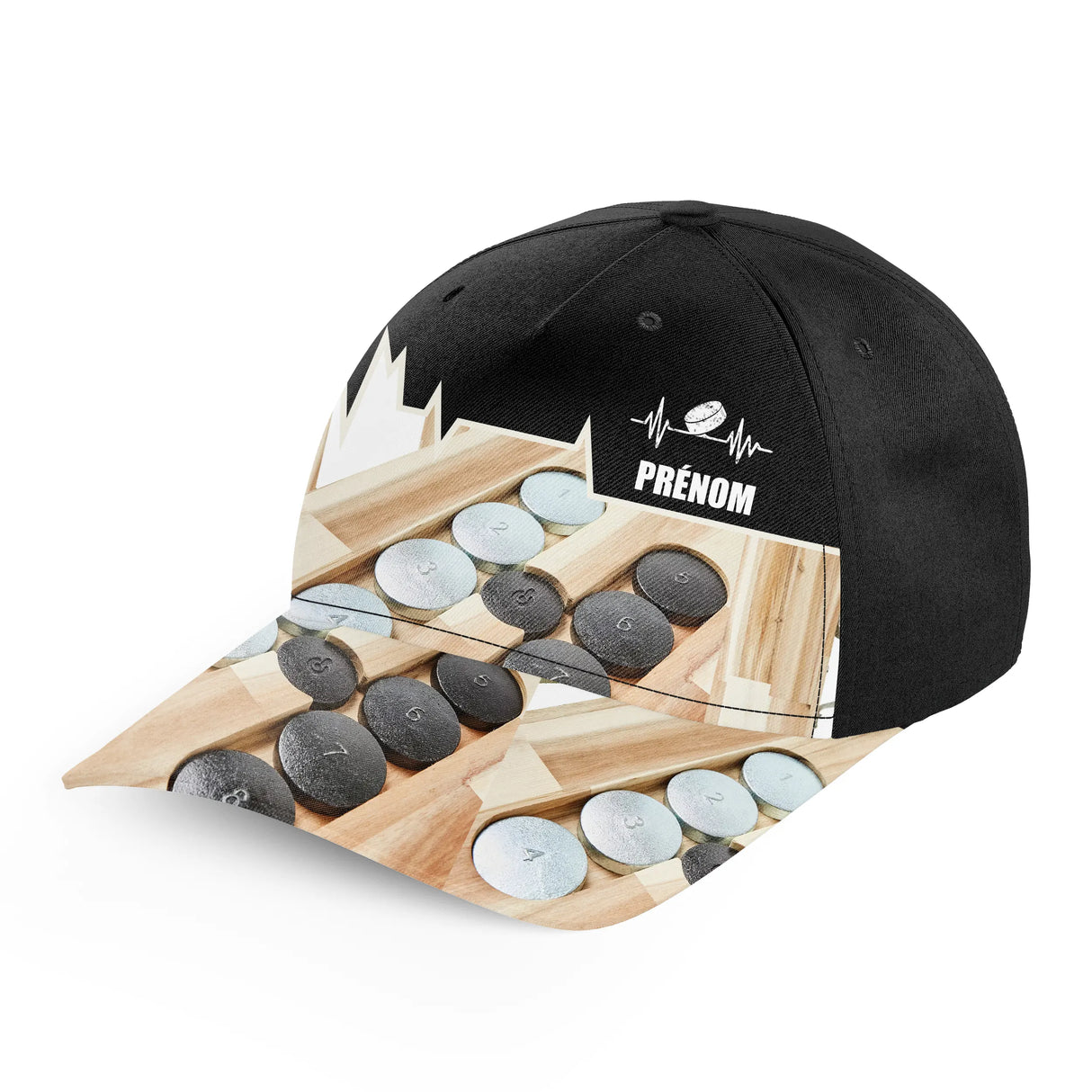 Casquette pétanque personnalisée visière noire avec design heartbeat boule et prénom brodé blanc