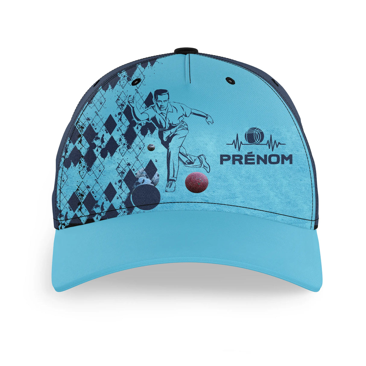 Casquette boule bretonne bleu marine joueur boules colorées prénom côté broderie unisexe personnalisée