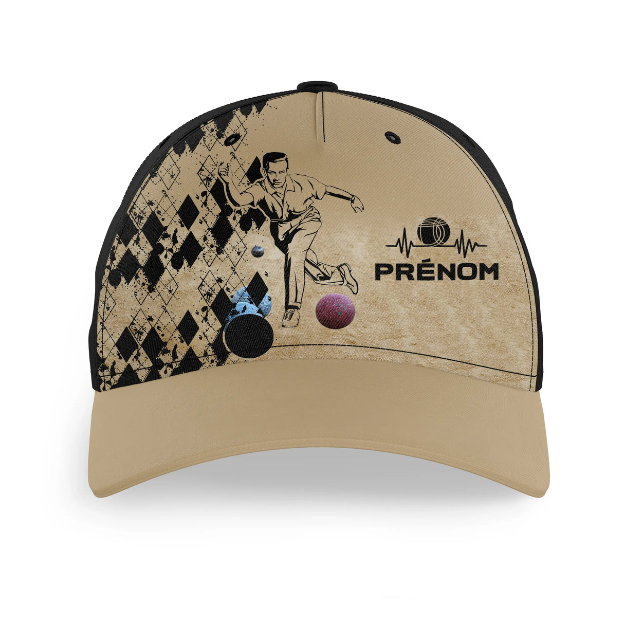 Casquette boule bretonne bleue joueur silhouette boules colorées prénom côté broderie unisexe personnalisée