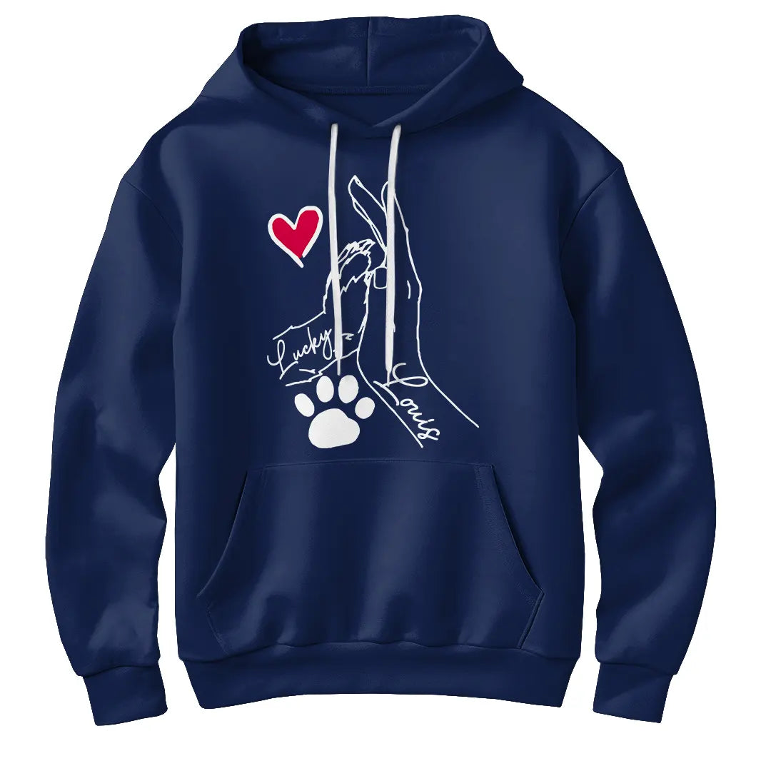 Sweat à capuche complicité homme chien bleu marine avec design patte main et coeur rouge