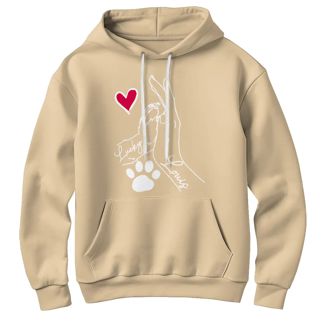 Sweat à capuche complicité homme chien beige naturel avec design patte main coeur et prénoms