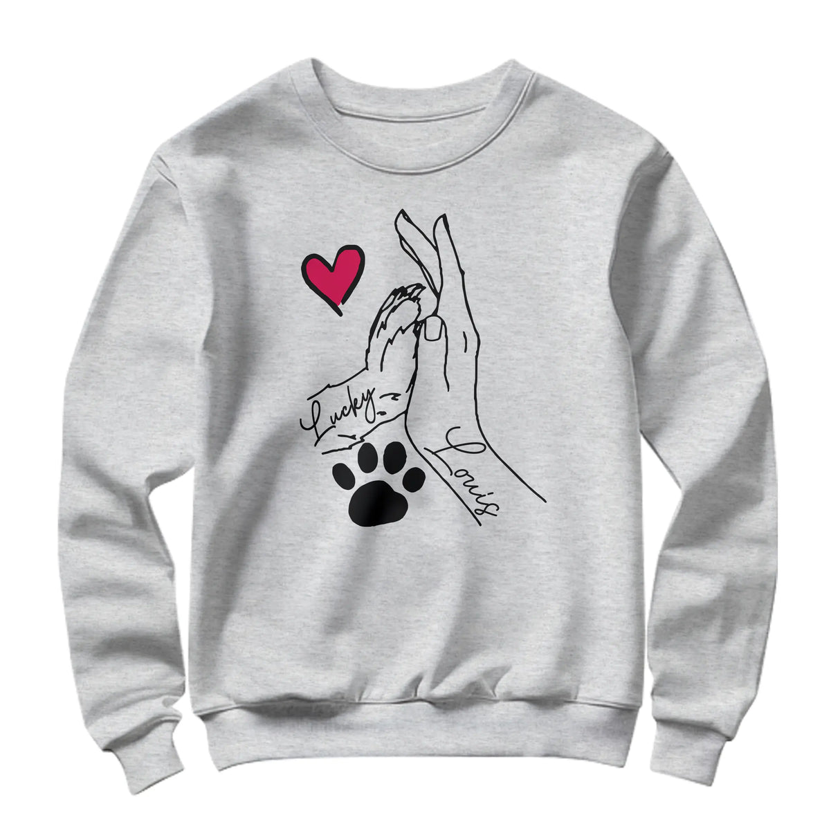 Sweat-shirt complicité homme chien gris chiné avec dessin patte et main jointes coeur rouge