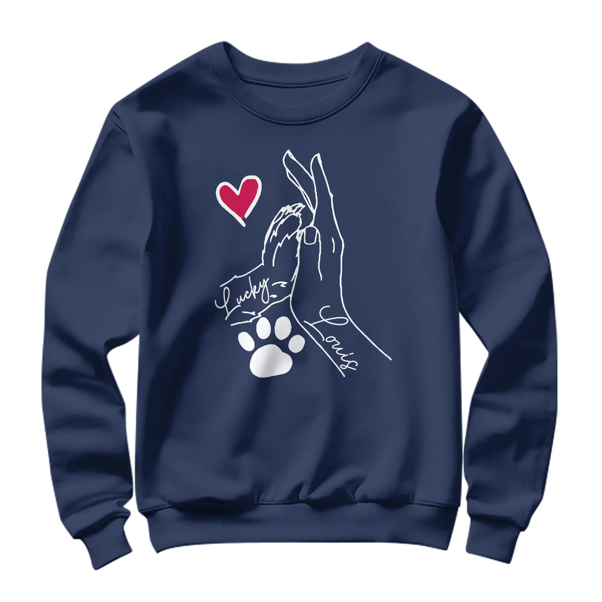 Sweat-shirt complicité homme chien bleu marine avec design patte main coeur et prénoms personnalisés