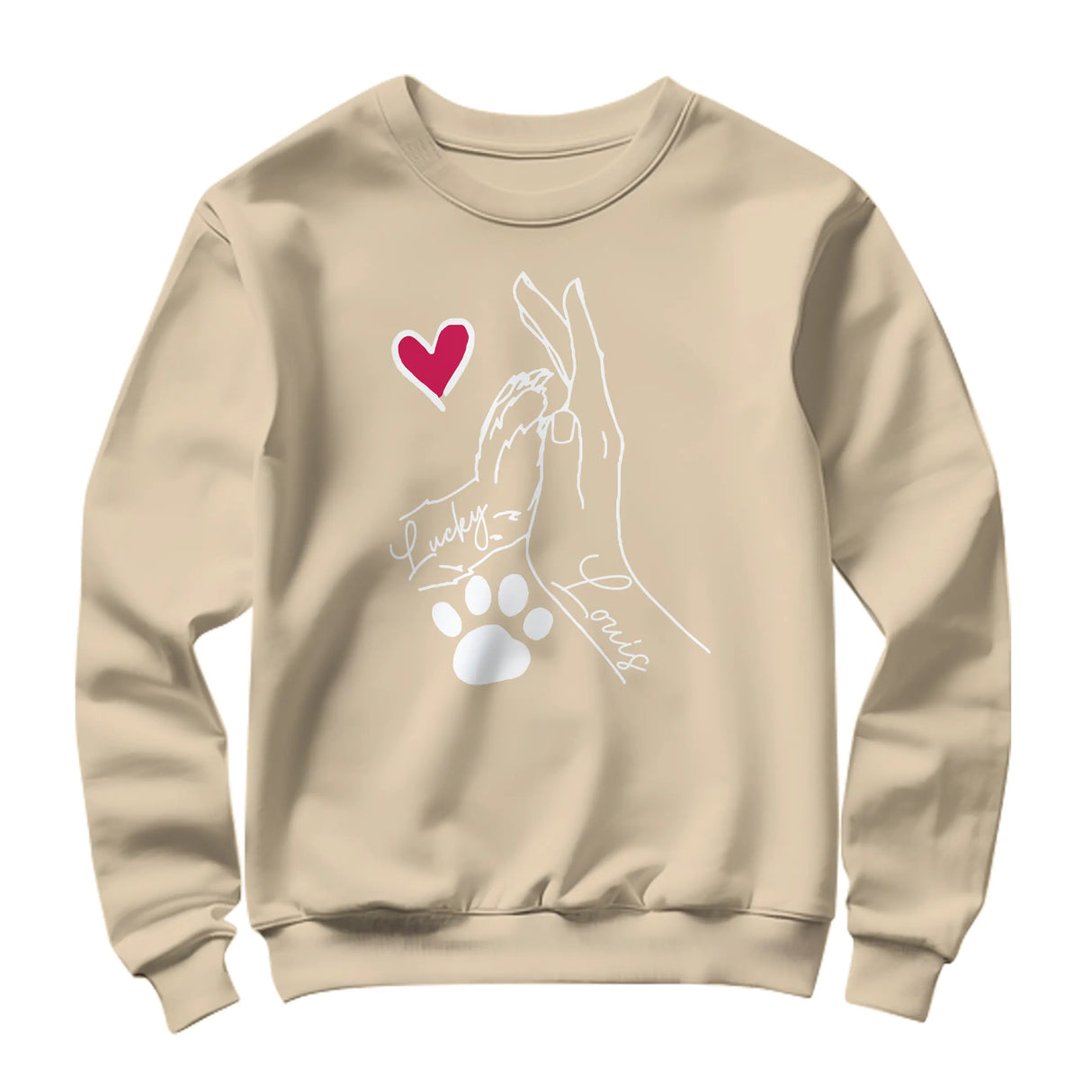 Sweat-shirt complicité homme chien beige naturel avec dessin patte main et personnalisation prénoms