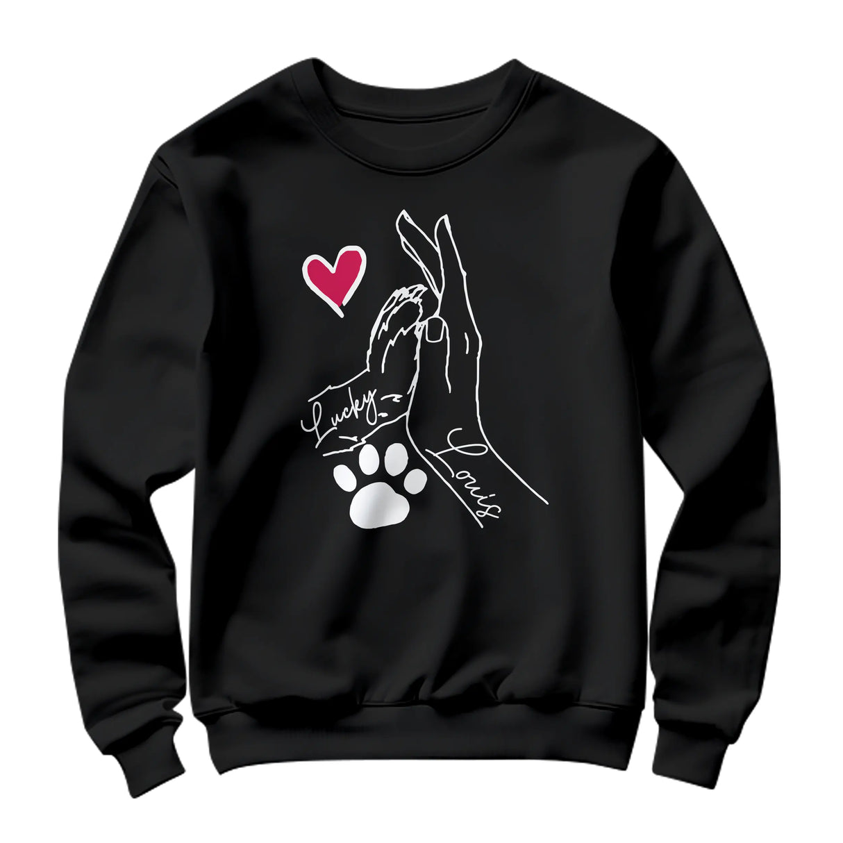 Sweat-shirt complicité homme chien noir avec design main patte coeur et prénoms manuscrits
