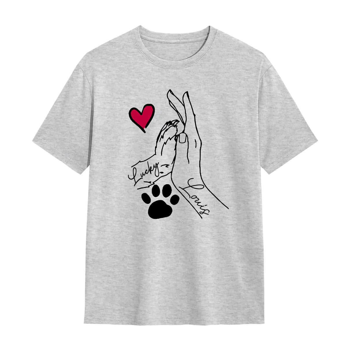 T-shirt complicité homme chien gris chiné avec design main patte coeur rouge et prénoms manuscrits