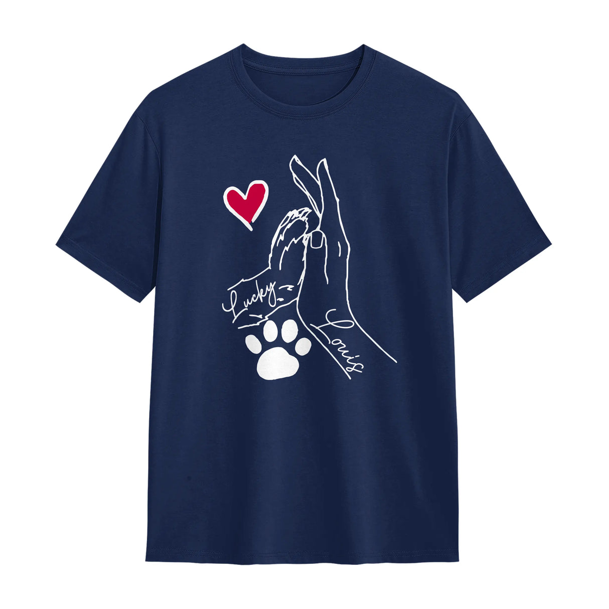T-shirt complicité homme chien bleu marine avec dessin patte main coeur et personnalisation prénoms