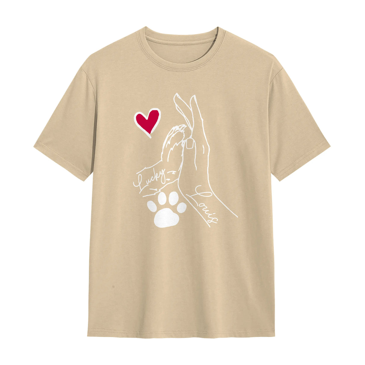 T-shirt complicité homme chien beige naturel avec dessin patte main jointes et coeur rouge