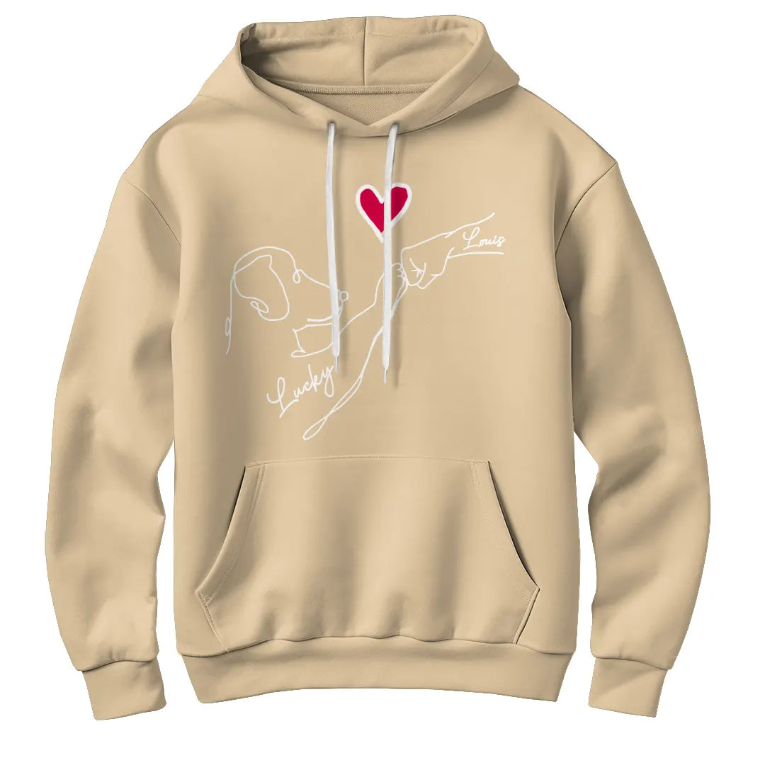 Sweat à capuche chien cœur minimaliste beige naturel avec dessin chien et personnalisation prénoms
