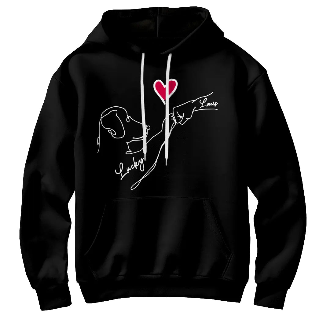 Sweat à capuche chien cœur minimaliste noir avec design tête chien main et cœur rouge raffiné