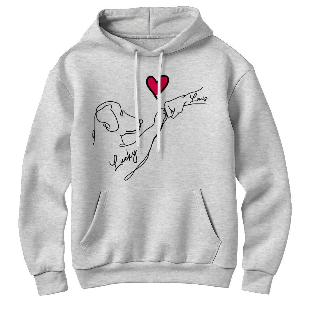 Sweat à capuche chien cœur minimaliste gris chiné avec design ligne et prénoms personnalisés