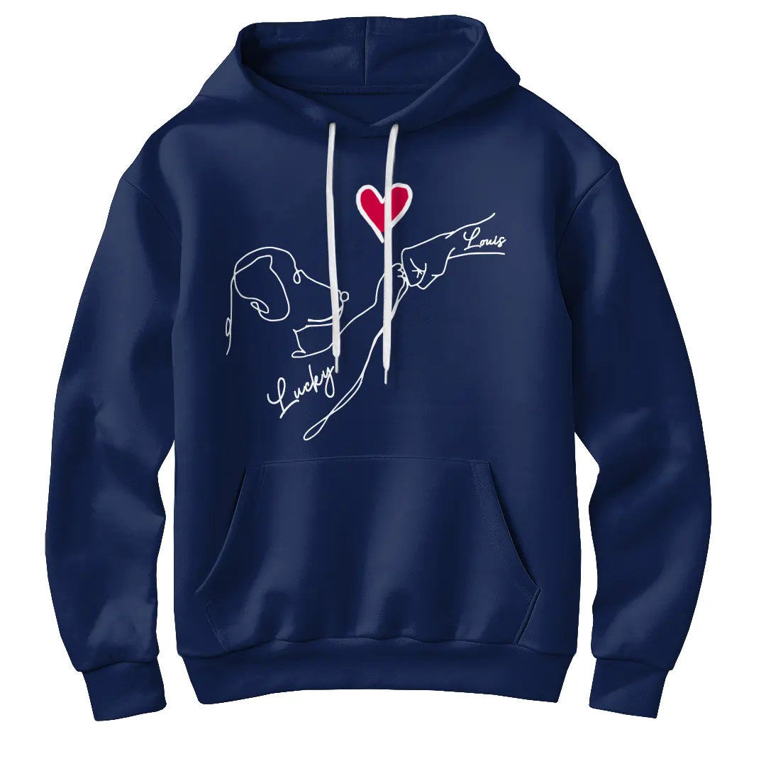 Sweat à capuche chien cœur minimaliste bleu marine avec dessin tête chien et cœur rouge