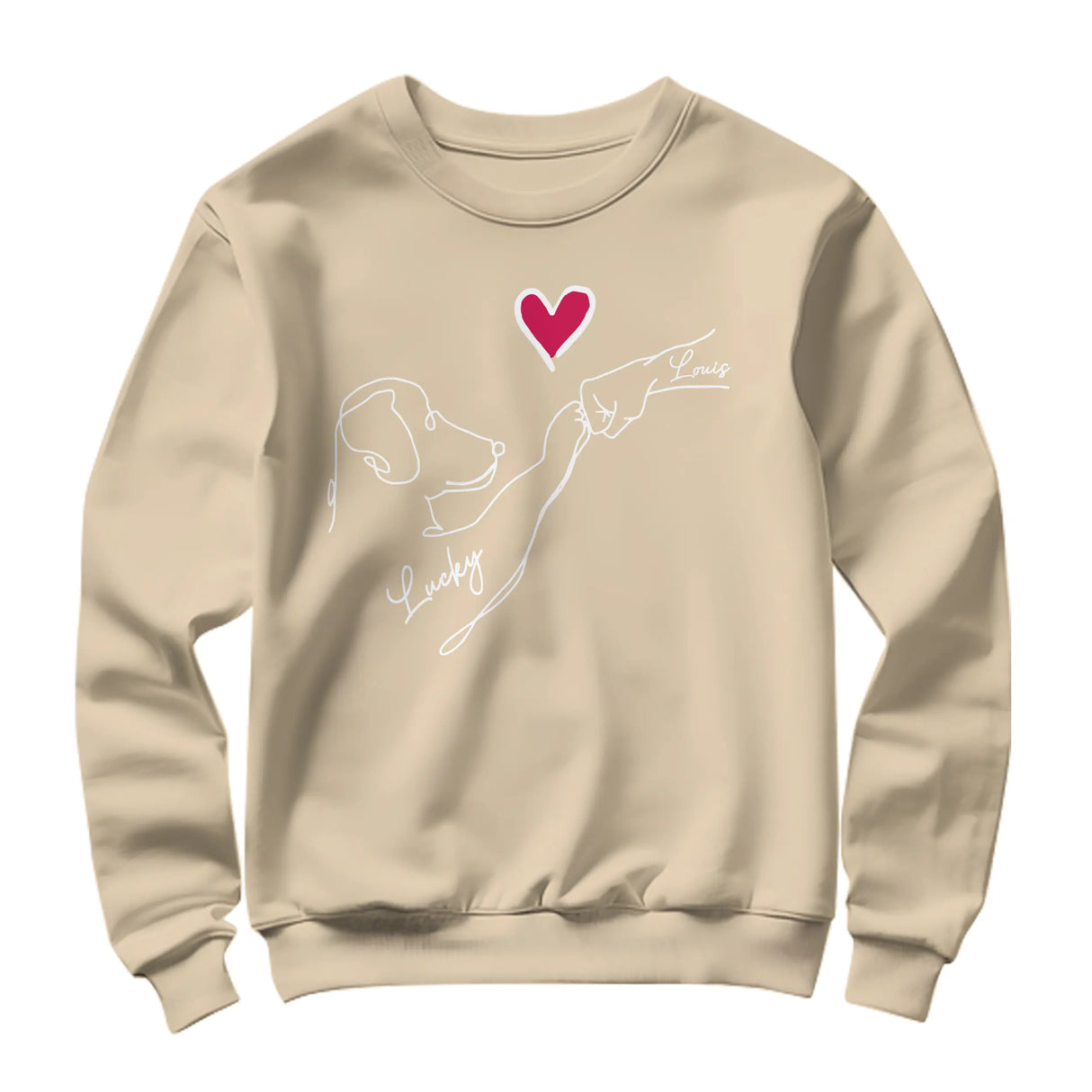 Sweat-shirt chien cœur minimaliste beige naturel avec dessin chien ligne et prénoms manuscrits