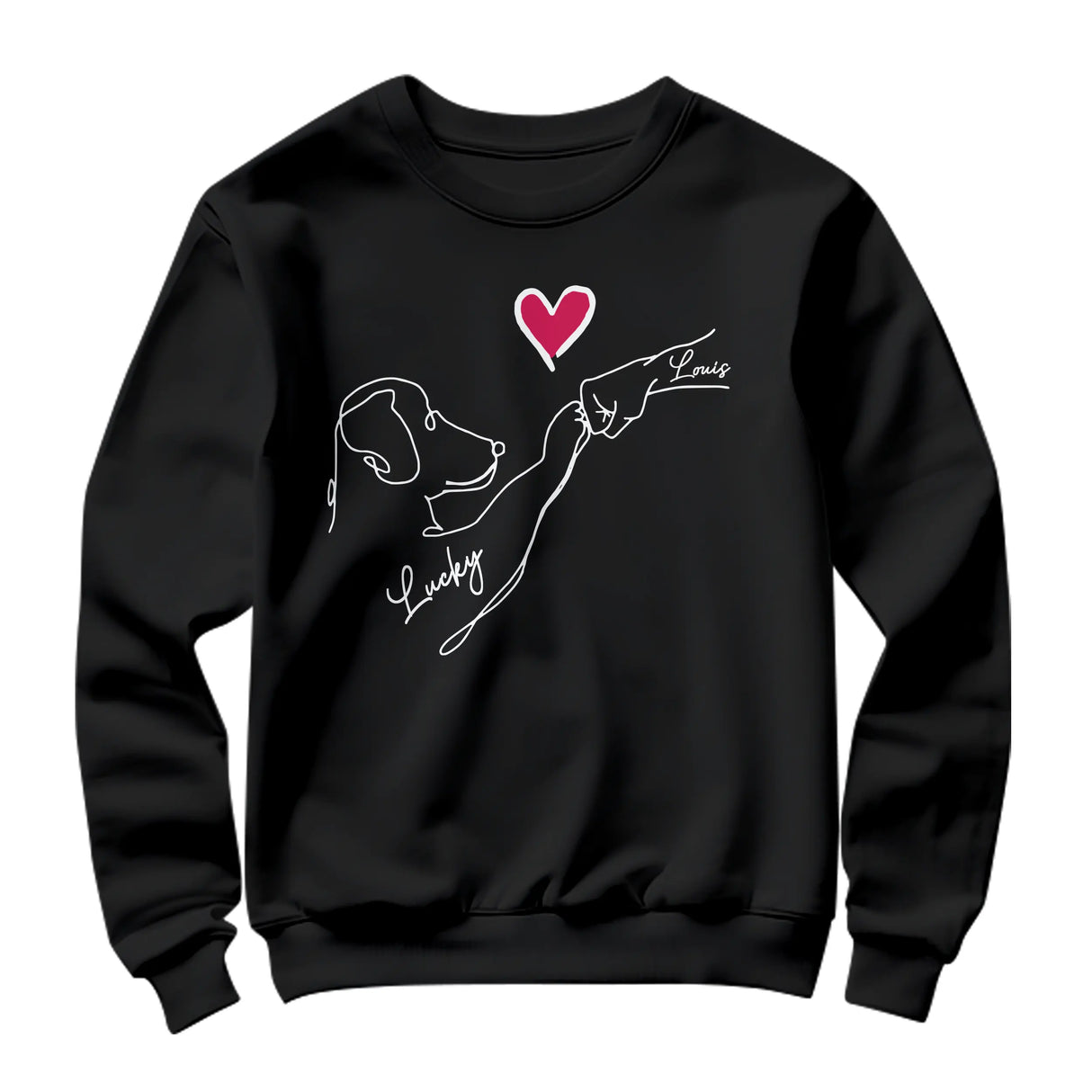Sweat-shirt chien cœur minimaliste noir avec design tête chien main jointe et cœur rouge