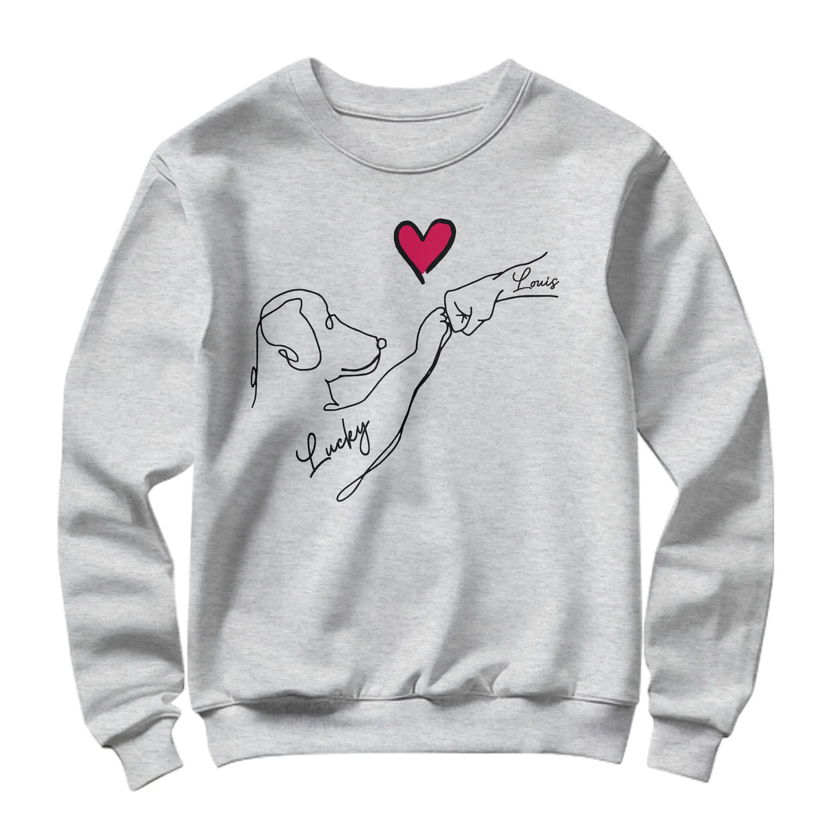 Sweat-shirt chien cœur minimaliste gris chiné avec design tête chien main et prénoms Lucky Louis