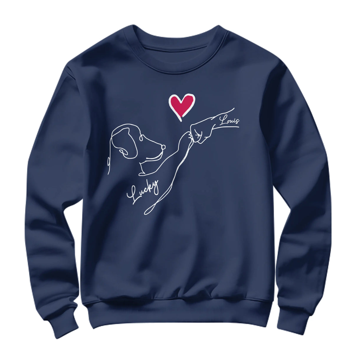 Sweat-shirt chien cœur minimaliste bleu marine avec dessin ligne continue et personnalisation prénoms