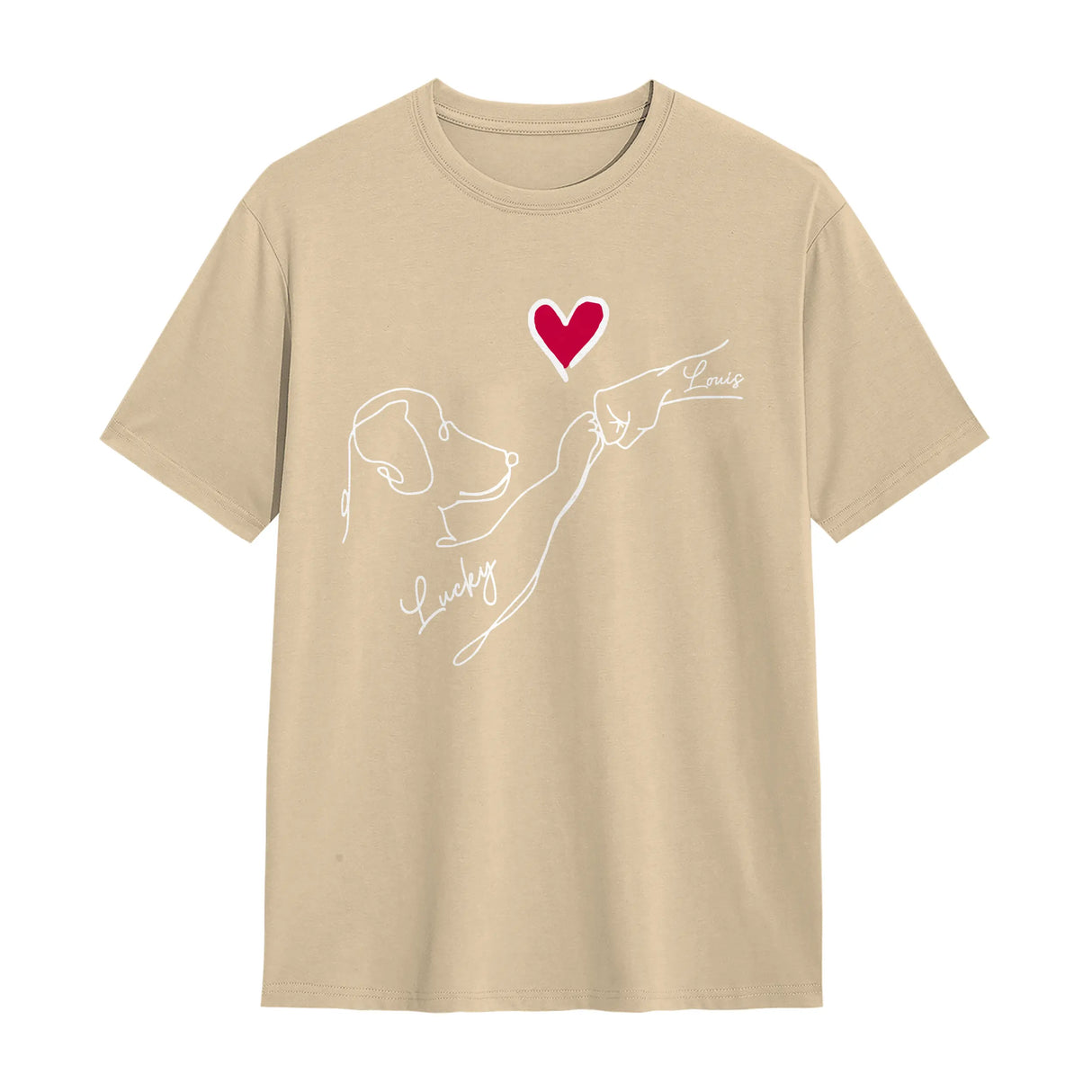 T-shirt chien cœur minimaliste beige naturel avec design ligne et personnalisation prénoms