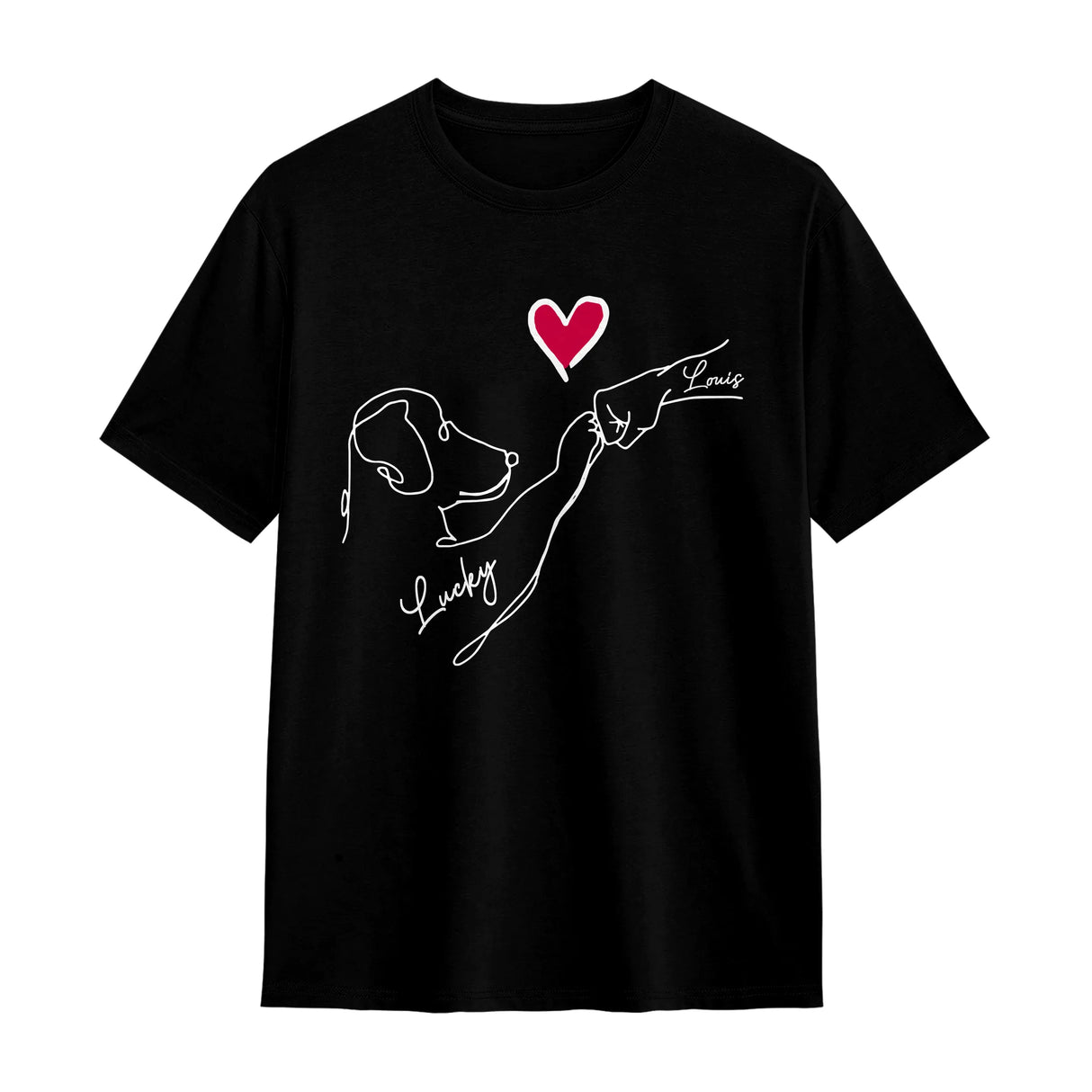 T-shirt chien cœur minimaliste noir avec design tête chien et main jointe prénoms manuscrits