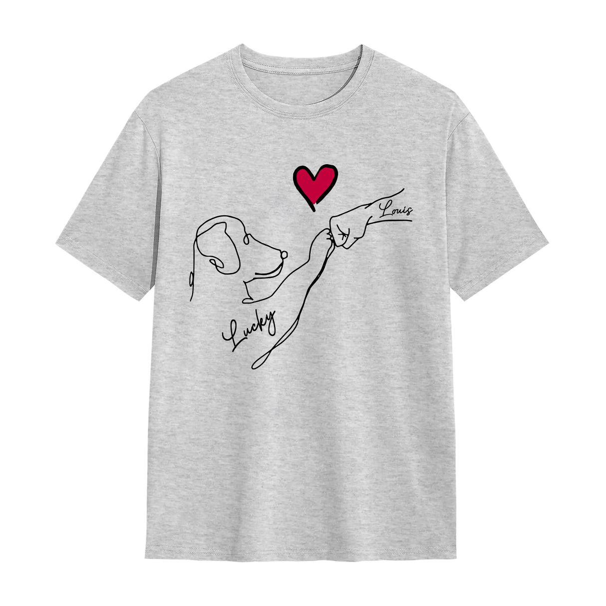 T-shirt chien cœur minimaliste gris chiné avec dessin ligne continue chien main cœur rouge