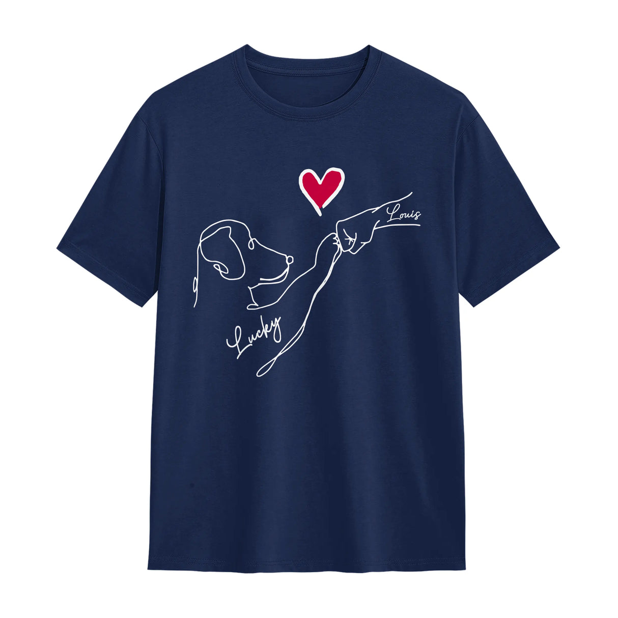 T-shirt chien cœur minimaliste bleu marine avec design tête chien et personnalisation prénoms