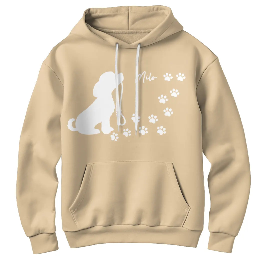 Sweat à capuche chien silhouette beige naturel avec design chien assis et empreintes blanches