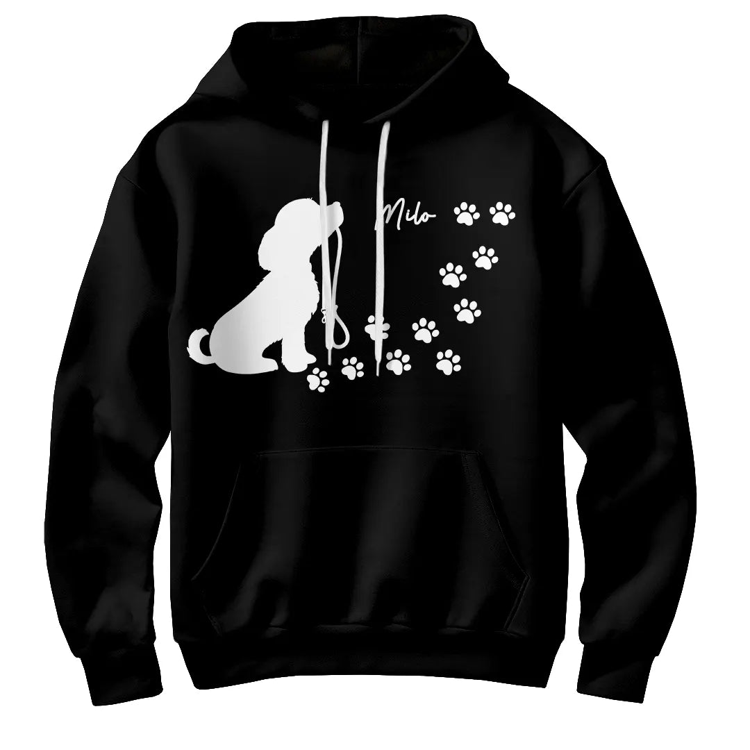 Sweat à capuche chien silhouette noir avec dessin chien fidèle laisse et empreintes spirales