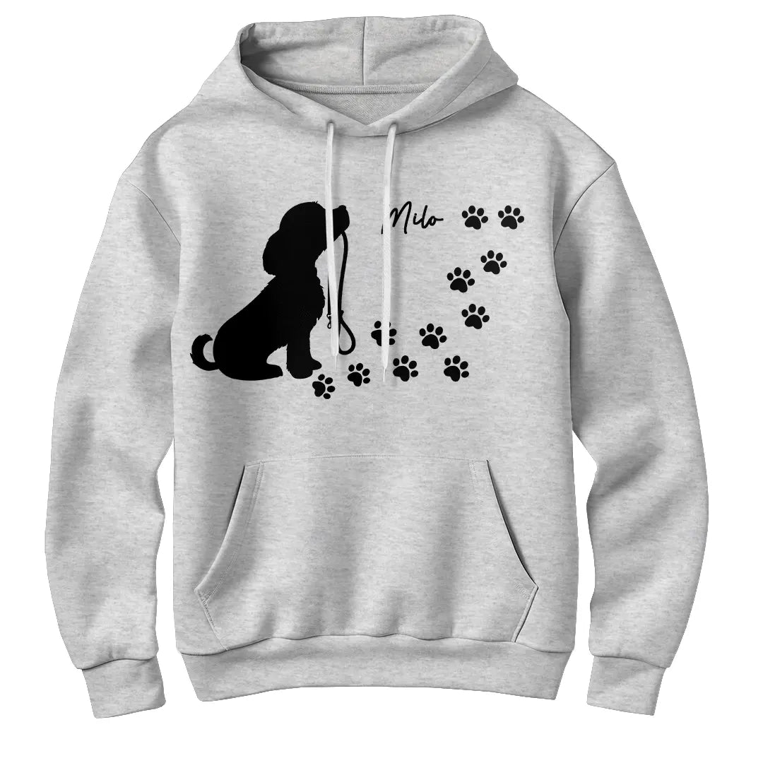 Sweat à capuche chien silhouette gris chiné avec design chien laisse et personnalisation prénom