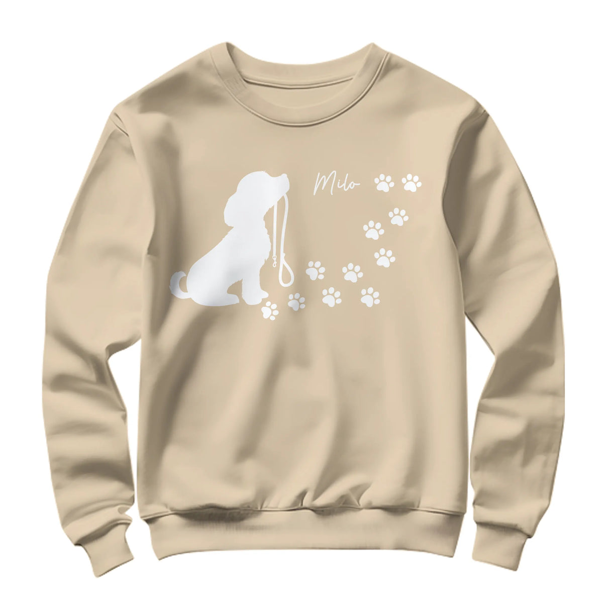 Sweat-shirt chien silhouette beige naturel avec dessin chien assis et empreintes spirales prénom