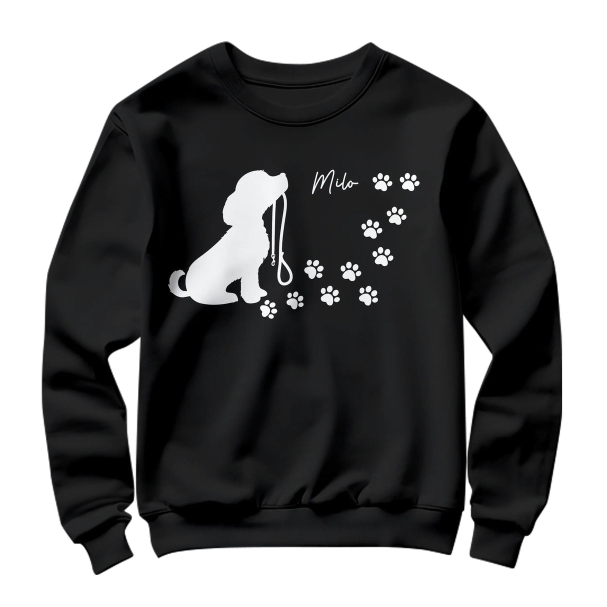 Sweat-shirt chien silhouette noir avec design chien assis tenant laisse et empreintes blanches Milo