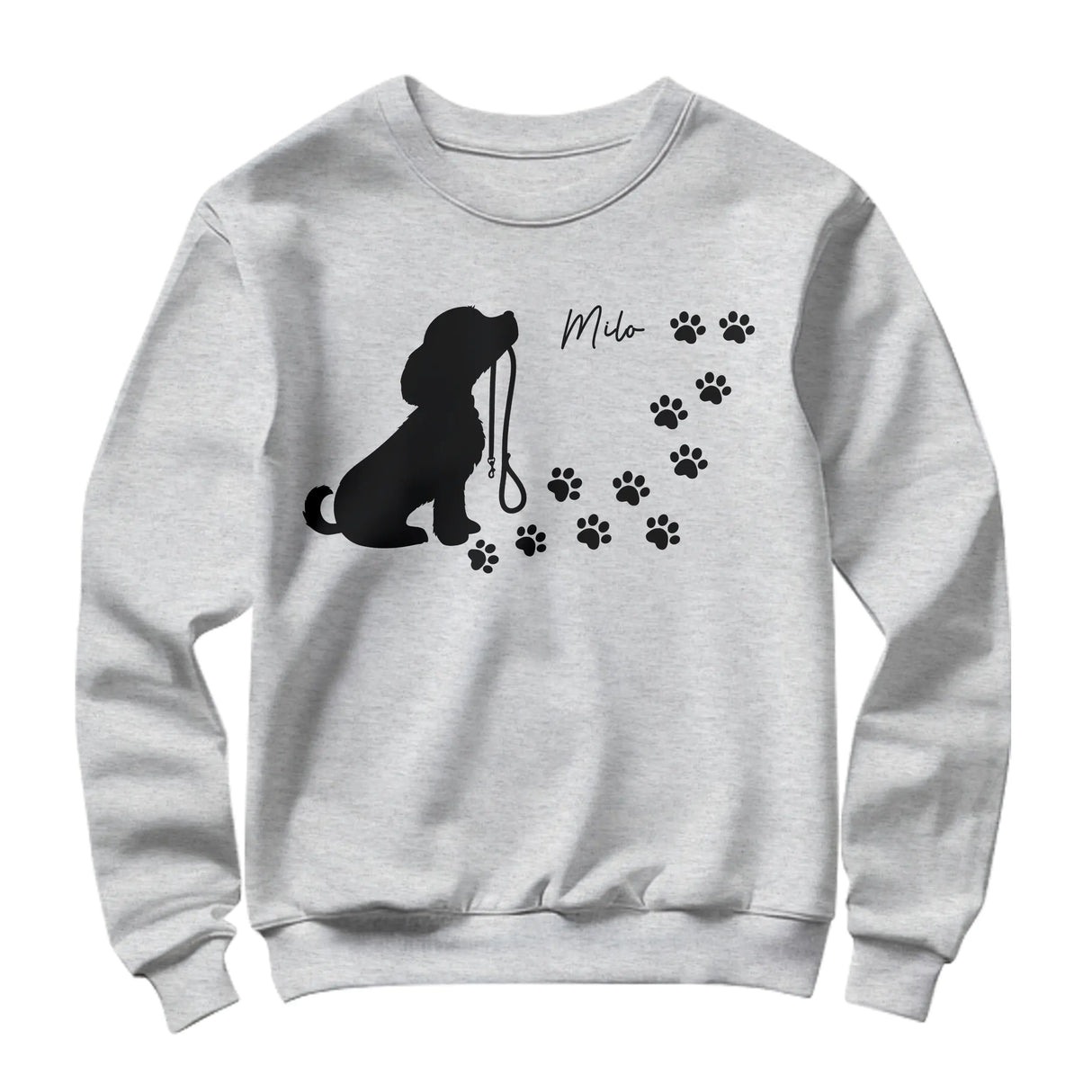 Sweat-shirt chien silhouette gris chiné avec design chien fidèle laisse et empreintes blanches