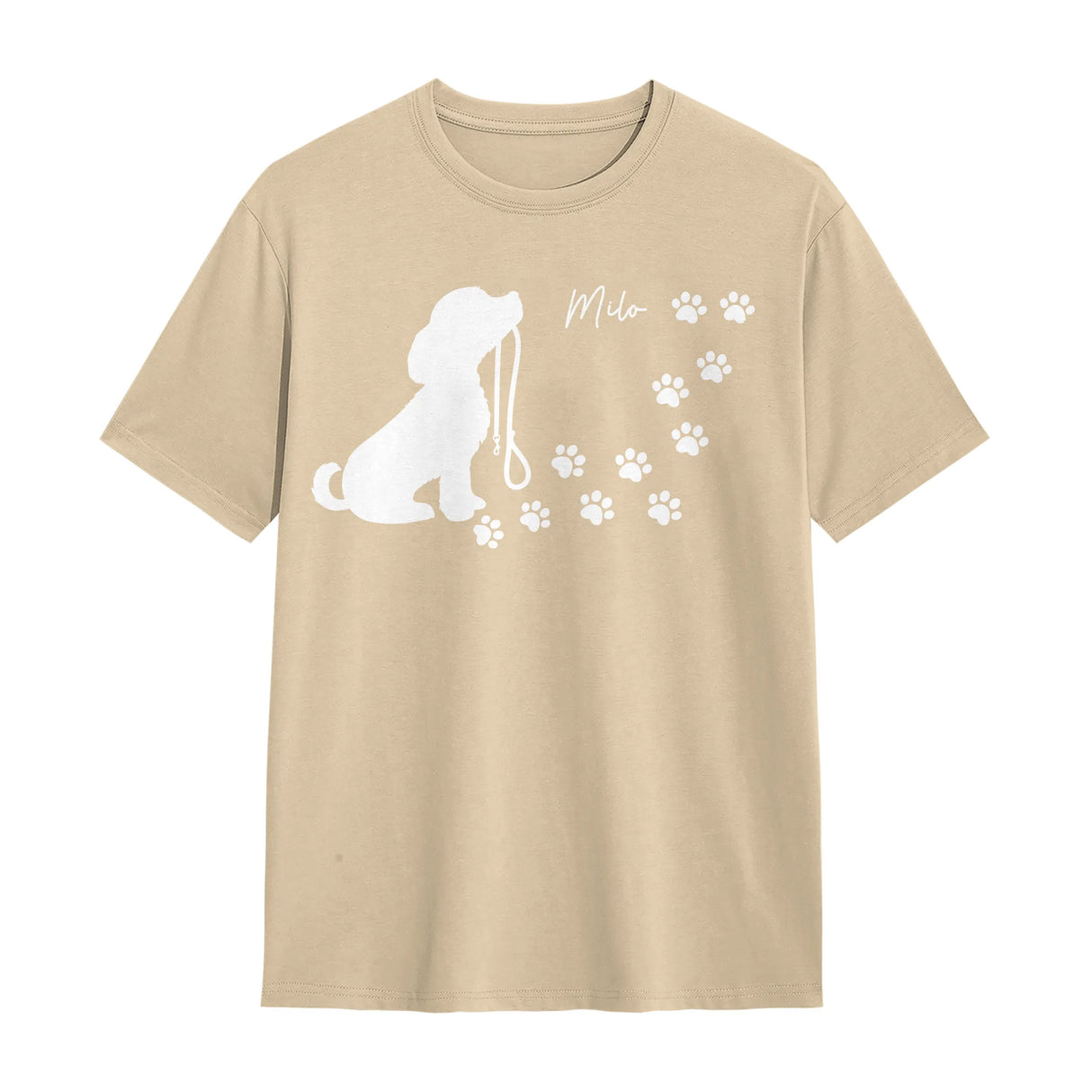 T-shirt chien silhouette beige naturel avec design chien fidèle et empreintes blanches raffinées