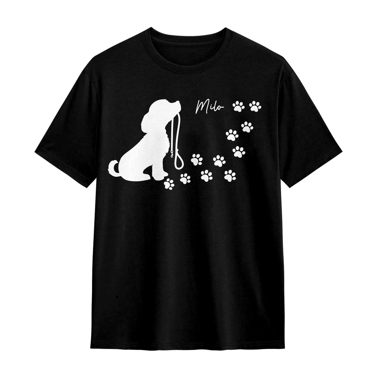T-shirt chien silhouette noir avec design chien assis tenant laisse et traînée empreintes pattes