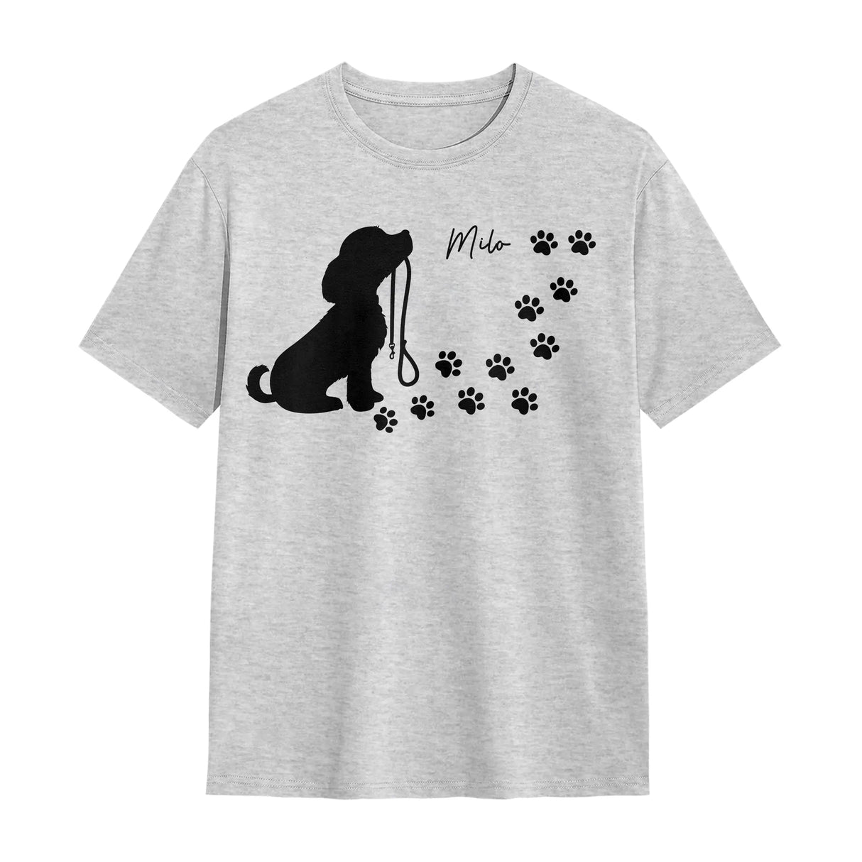 T-shirt chien silhouette gris chiné avec dessin chien fidèle laisse et empreintes blanches stylisées