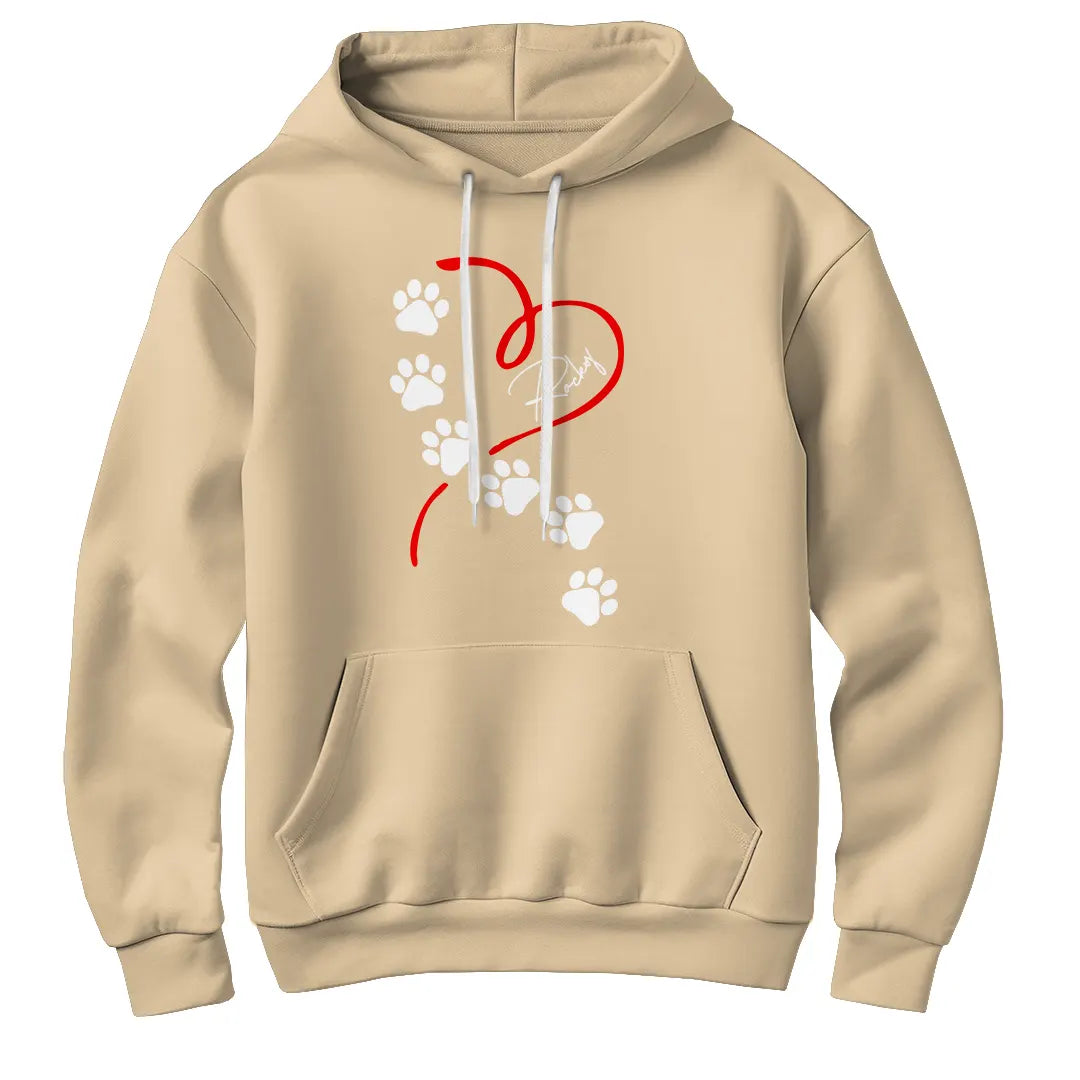 Sweat à capuche chien empreintes beige naturel avec dessin pattes et cœur rouge personnalisable