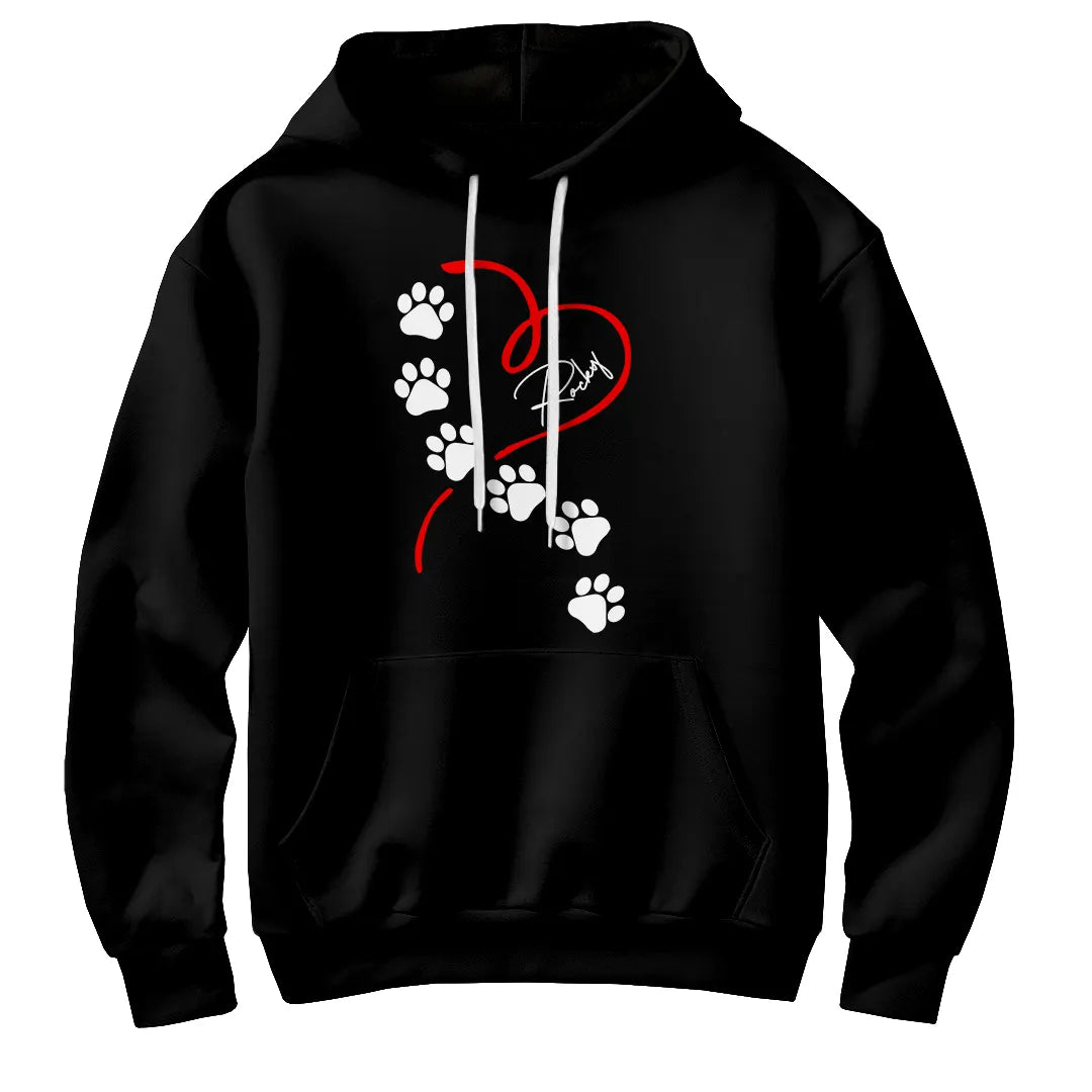 Sweat à capuche chien empreintes noir avec design pattes blanches et silhouette cœur rouge