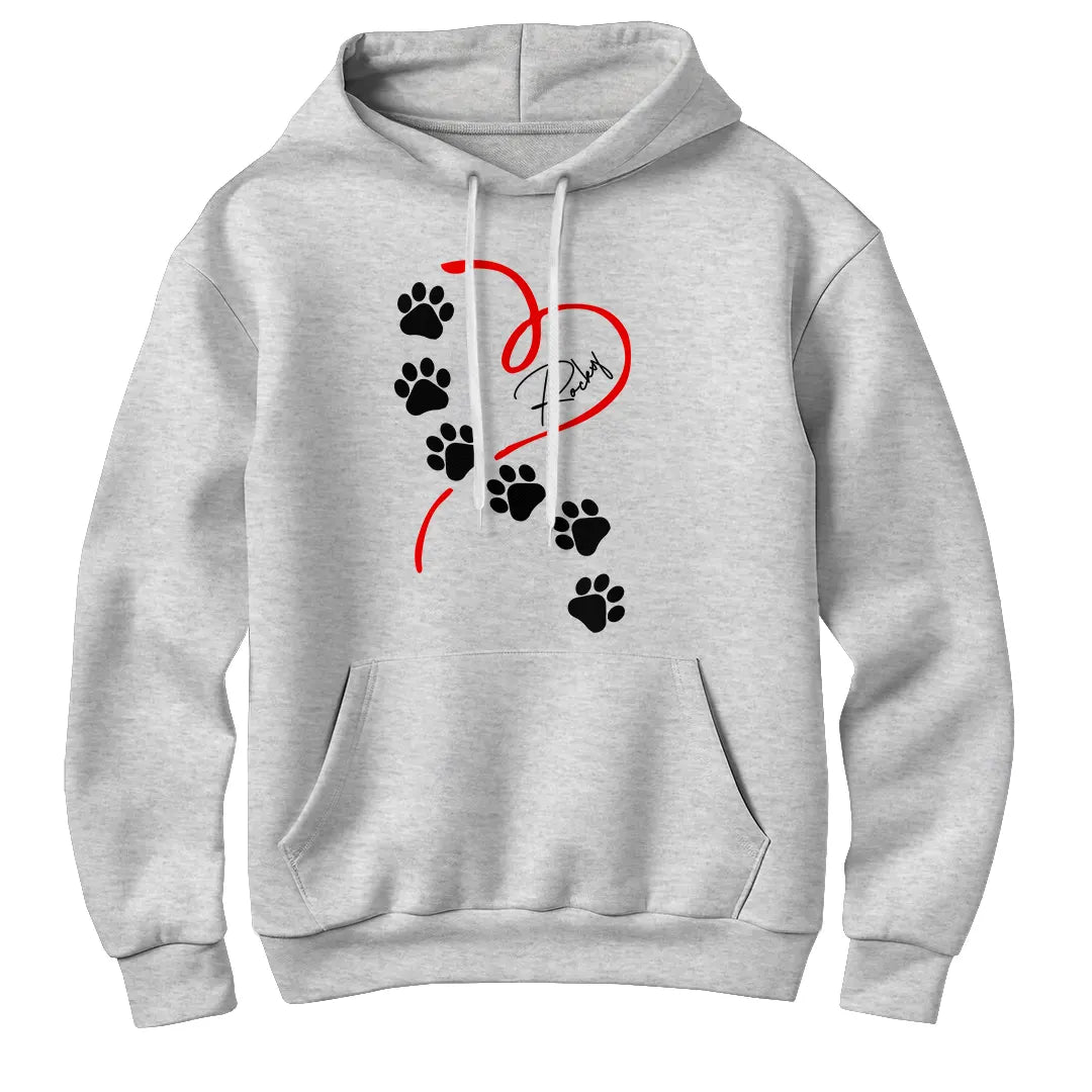 Sweat à capuche chien empreintes gris chiné avec design pattes blanches et cœur rouge stylisé