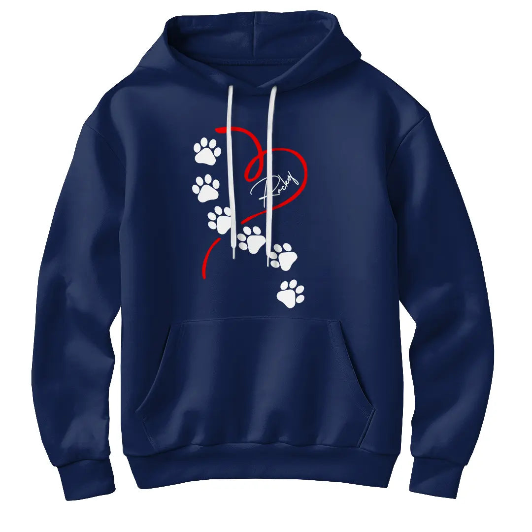 Sweat à capuche chien empreintes bleu marine avec design pattes blanches montant vers cœur rouge