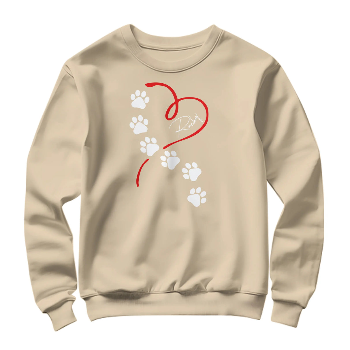 Sweat-shirt chien empreintes beige naturel avec design pattes blanches stylisées et cœur